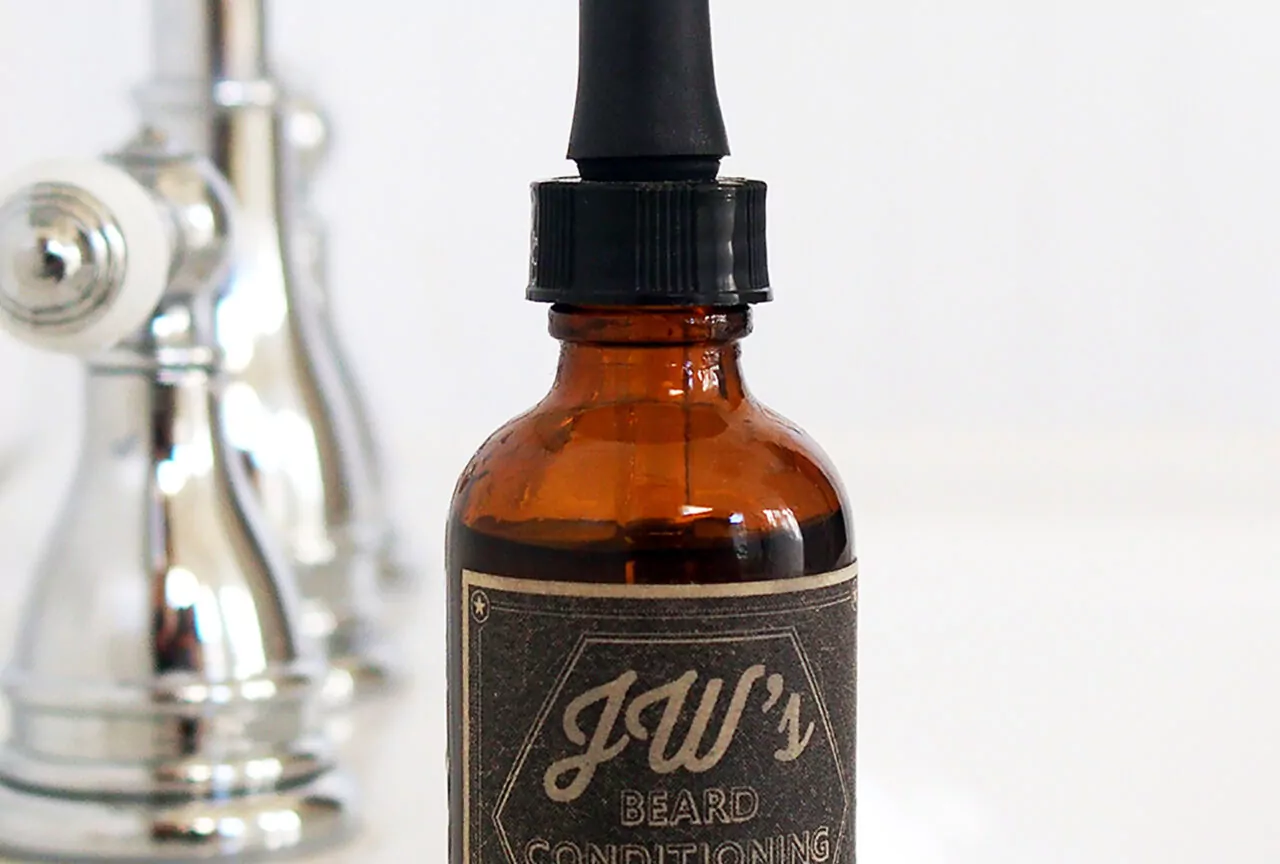 Beard oil bottle with custom label